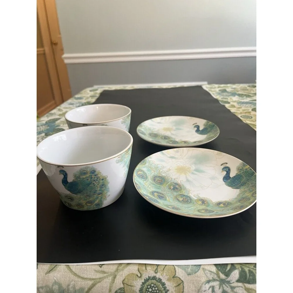 Lakshmi Turquoise Teal Gold Peacock Feathers Bowls Plates  222 Fifth 4pc